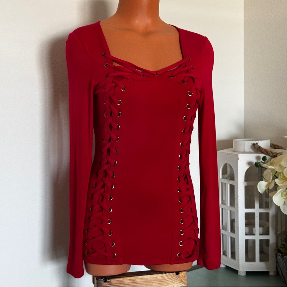 Venus Red Lace Up Long Sleeve Top size XS